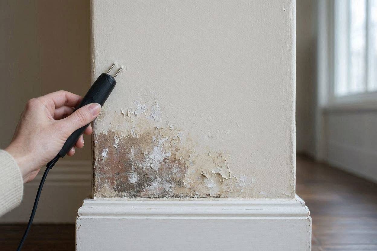 Rising damp on an interior wall — tide mark, salt staining and peeling paint