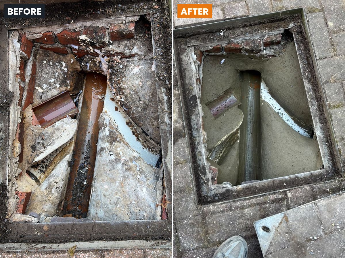 Broken drain chamber with collapsed benching and loose brick, then rebuilt with new smooth benching around the channel