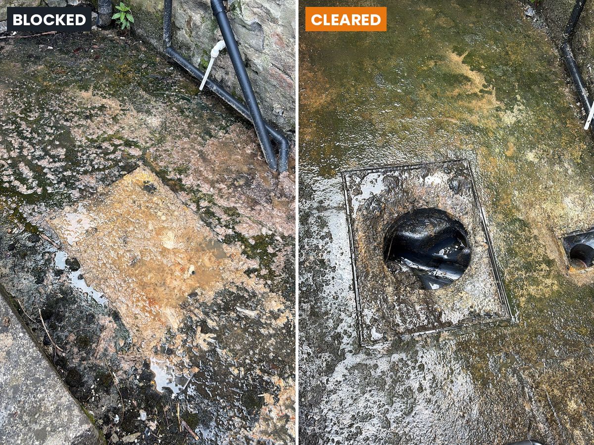 A blocked drain chamber overflowing across a yard, then the same chamber cleared and running