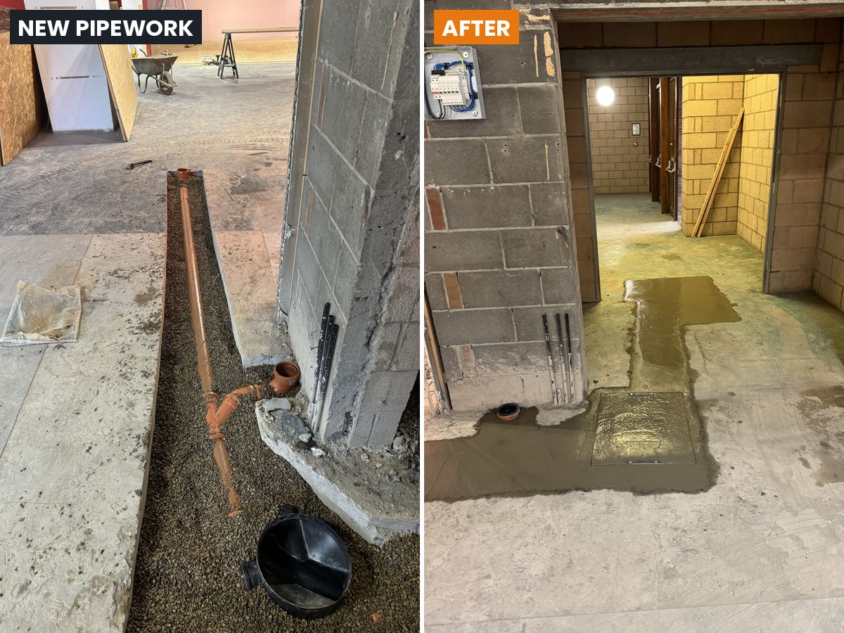 New drainage pipework laid through a commercial unit floor, then concreted over with a flush access cover