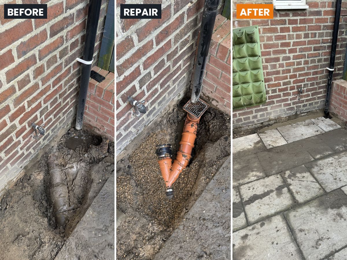 Cracked clay drain under a downpipe dug out, replaced with new plastic pipework and a gully, and the paving relaid