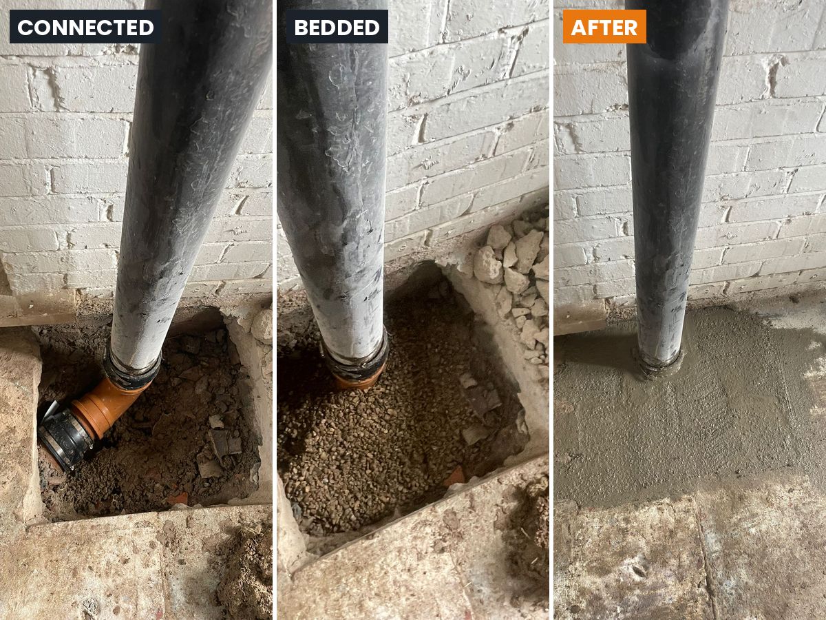 Downpipe reconnected to the drain with a new bend, bedded in gravel and finished in concrete