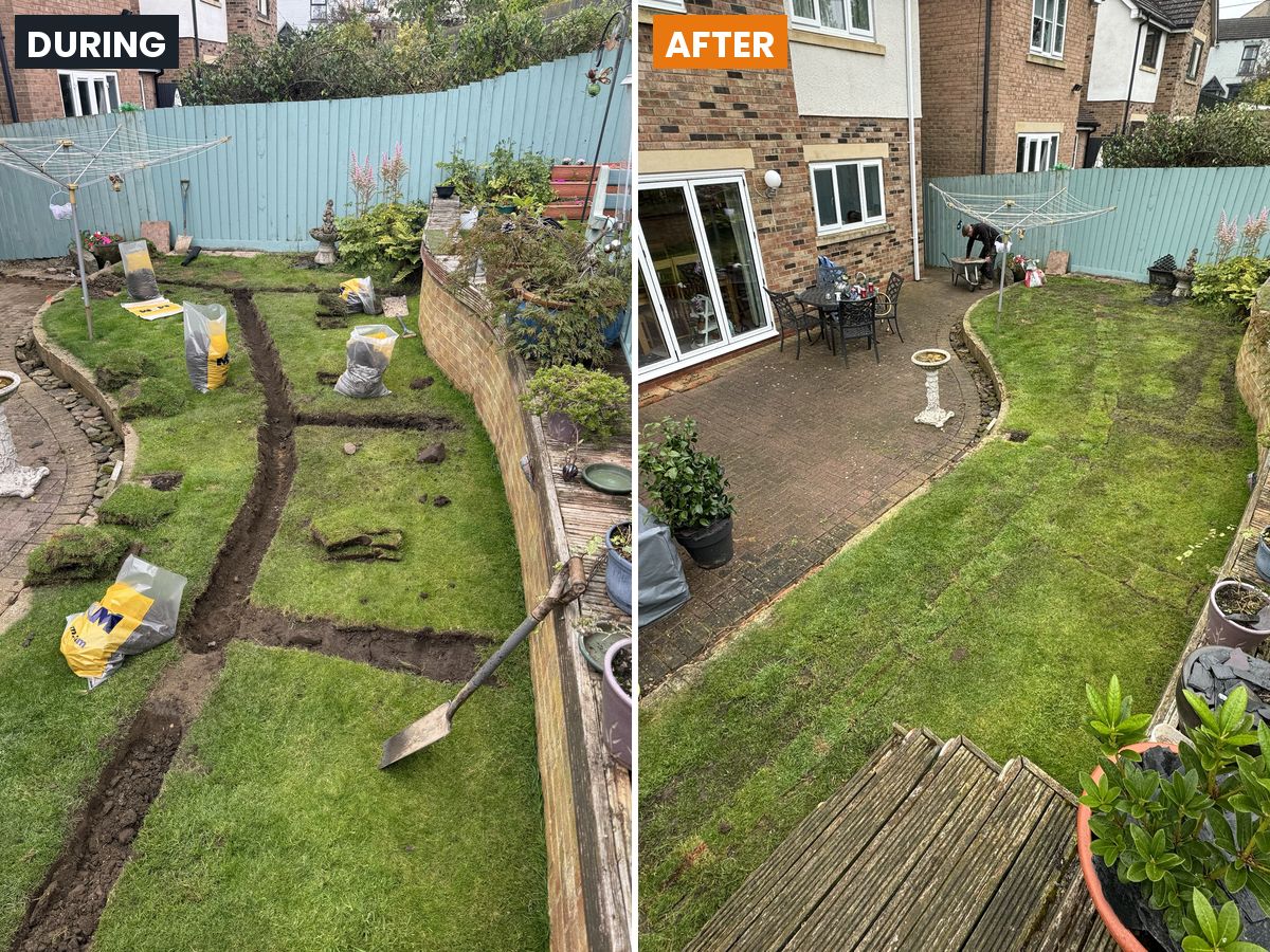 Waterlogged back garden trenched for land drainage, then returfed