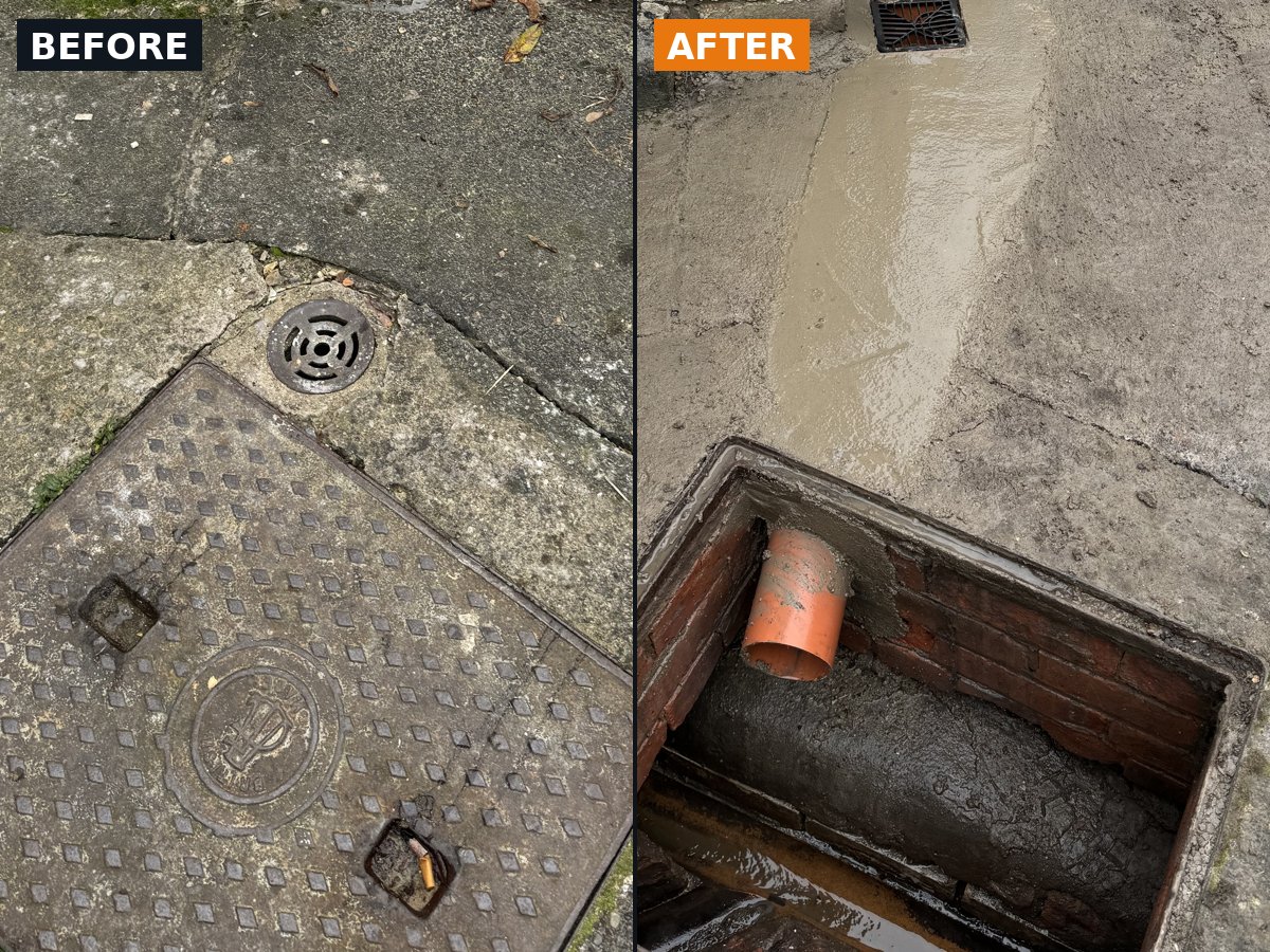 Rainwater gully replaced and re-piped — before and after