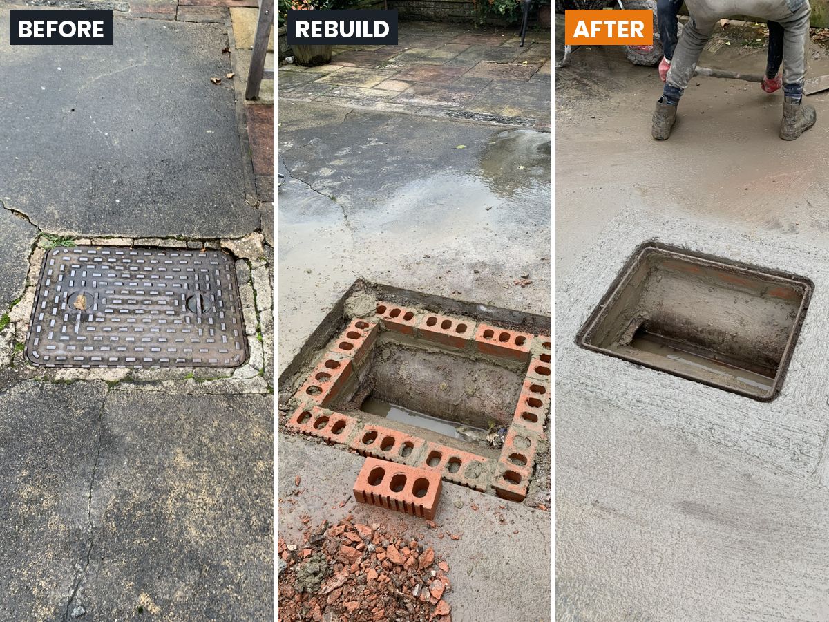 Cracked manhole surround broken out, chamber rebuilt in brick with a new frame, then concreted in