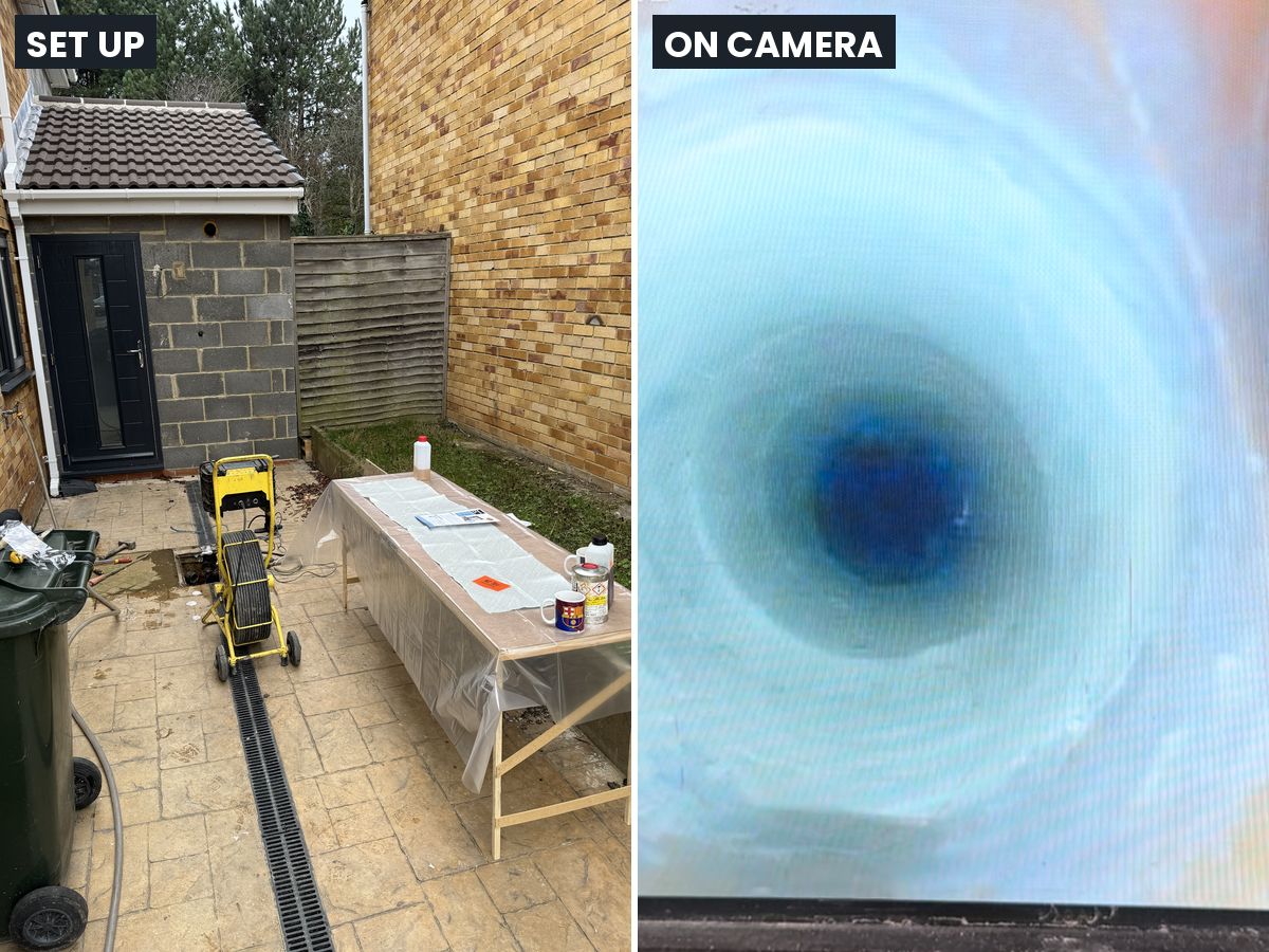 No-dig relining set up in a back yard with the CCTV crawler, and the camera view inside the relined pipe