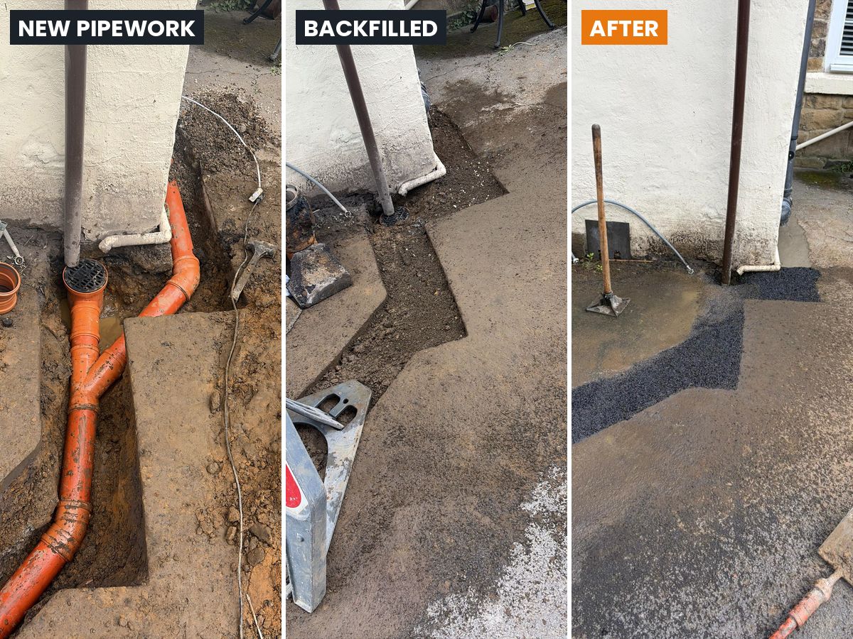 New plastic pipework and gully laid beside a house, backfilled, then the surface reinstated in tarmac
